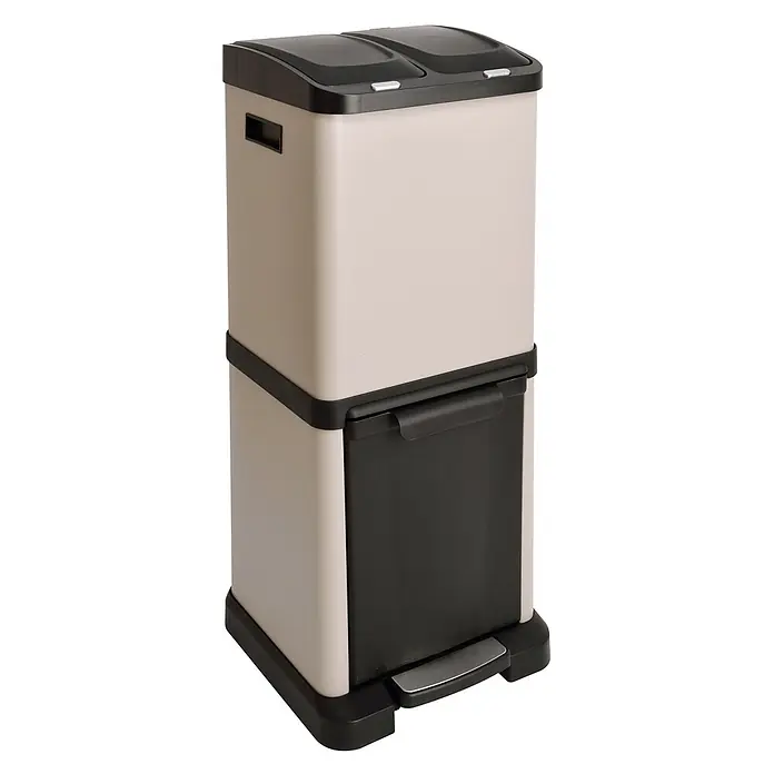 SVITA Standard Mülleimer 3XCOMBO - 32 l, Stahl, Taupe - Gestapelter beige-schwarzer Wertstoffbehälter mit zwei oberen Fächern und einer Pedal-Schublade.
