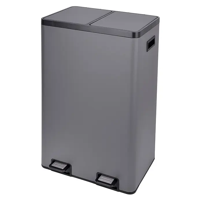 SVITA Standard Mülleimer TMH2X30 - 60 l, Stahl, Grau - Grauer Doppel-Treteimer aus Metall mit zwei Fächern zur Mülltrennung, Fußpedalen und Tragegriffen.