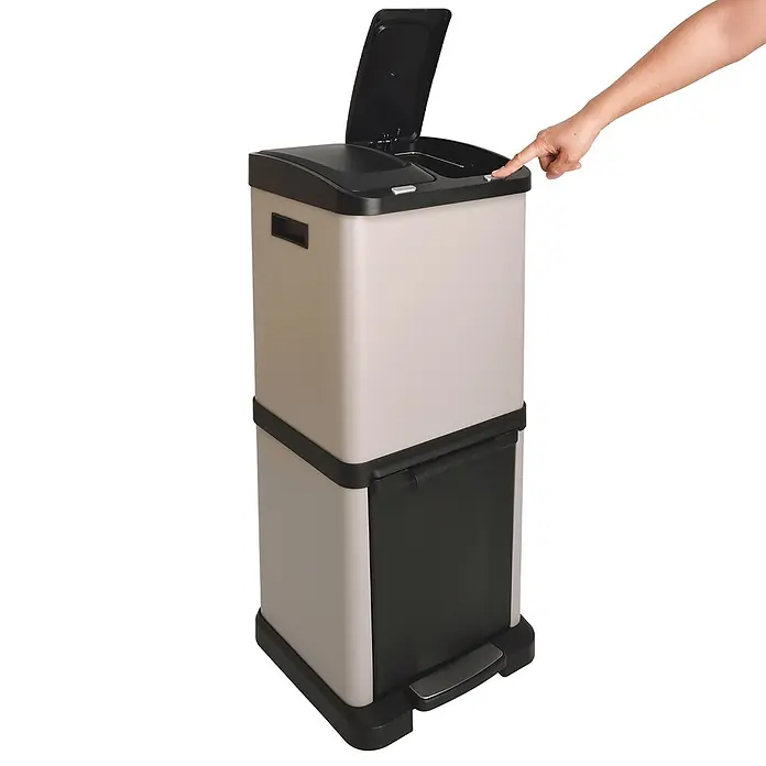SVITA Standard Mülleimer 3XCOMBO - 32 l, Stahl, Taupe - Hoher beiger/schwarzer Zweifach-Mülleimer. Hand öffnet oberen Deckel per Knopf; unten Fußpedal.