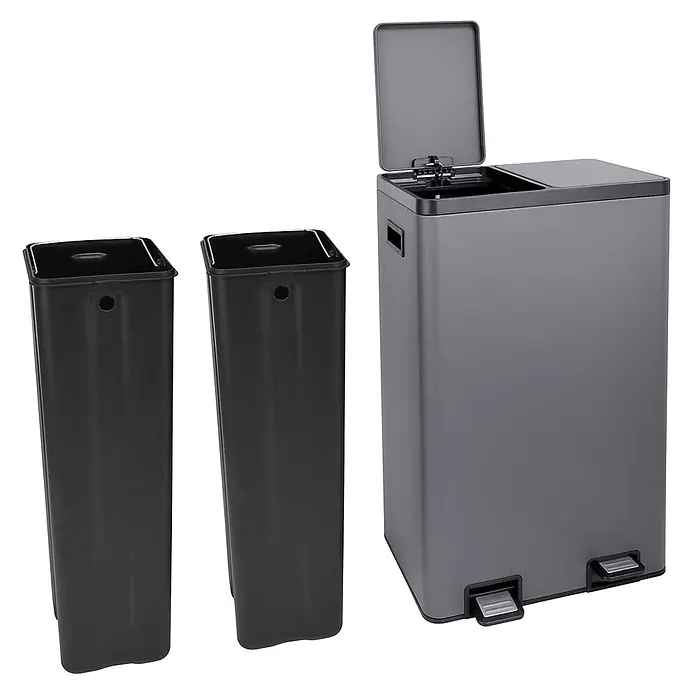 SVITA Standard Mülleimer TMH2X30 - 60 l, Stahl, Grau - Grauer Abfalleimer mit zwei Fächern, offenem Deckel, zwei herausnehmbaren dunklen Innenbehältern und zwei Fußpedalen.