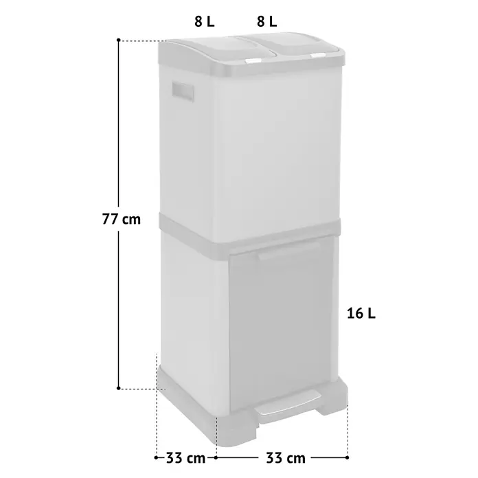SVITA Standard Mülleimer 3XCOMBO - 32 l, Stahl, Taupe - Grau/weißer 3-Kammer-Mülleimer aus Kunststoff zum Sortieren, 77 cm hoch. Zwei 8L-Fächer oben, ein 16L-Fach unten.