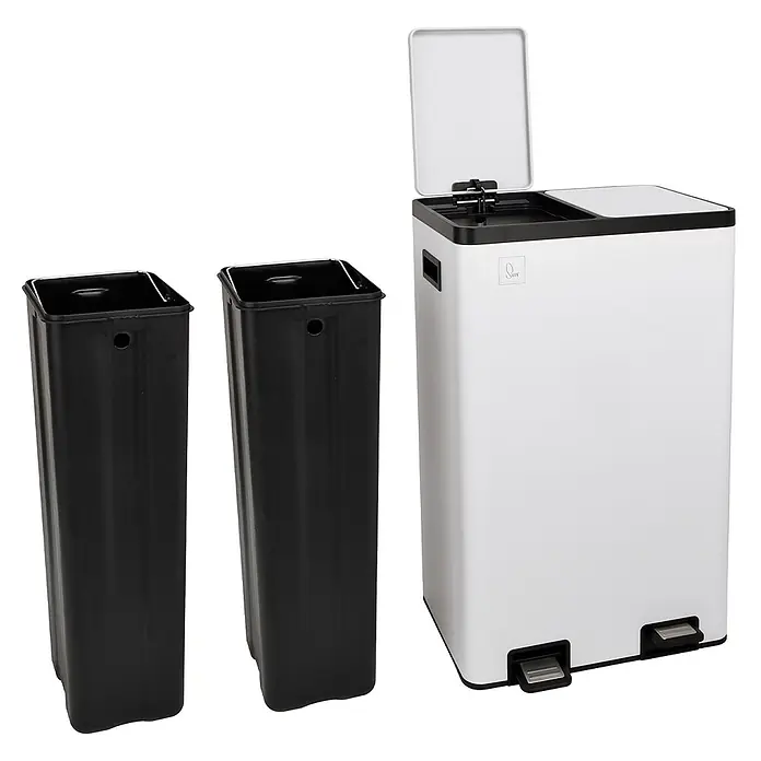 SVITA Standard Mülleimer TMH2X30 - 60 l, Stahl, Weiß - Weißer Doppel-Treteimer mit zwei schwarzen Inneneimern, ein Deckel offen.