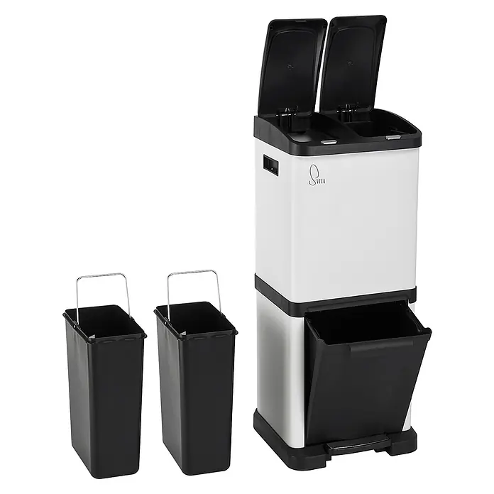 SVITA Standard Mülleimer 3XCOMBO - 32 l, Stahl, Weiß - Weiß-silberner 3-fach Mülleimer: Fußpedal, zwei oben öffnende Fächer, ausziehbarer Bodenbehälter & zwei schwarze Innenbehälter mit Griffen.