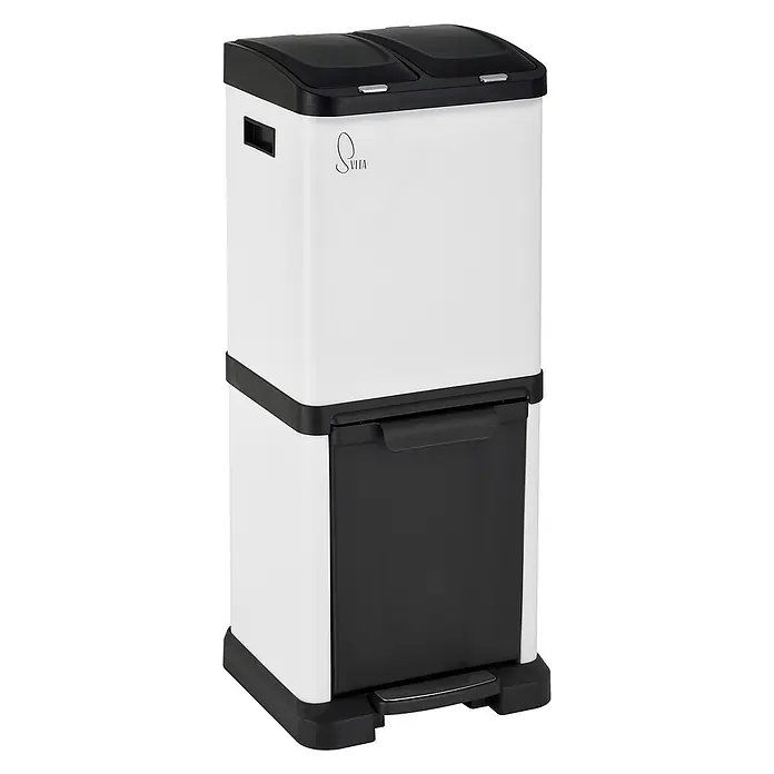 SVITA Standard Mülleimer 3XCOMBO - 32 l, Stahl, Weiß - Zweistöckiger Abfalleimer in Weiß und Schwarz mit zwei Deckelfächern oben und einer ausziehbaren Schublade mit Fußpedal unten.
