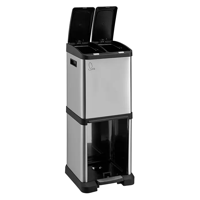 SVITA Standard-Mülleimer 3XCOMBO - 32 l, Edelstahl, Silber - Edelstahl-Recyclingbehälter mit zwei Fächern und schwarzen Deckeln. Verfügt über Klappdeckel und einen per Fußpedal bedienbaren unteren Bereich.