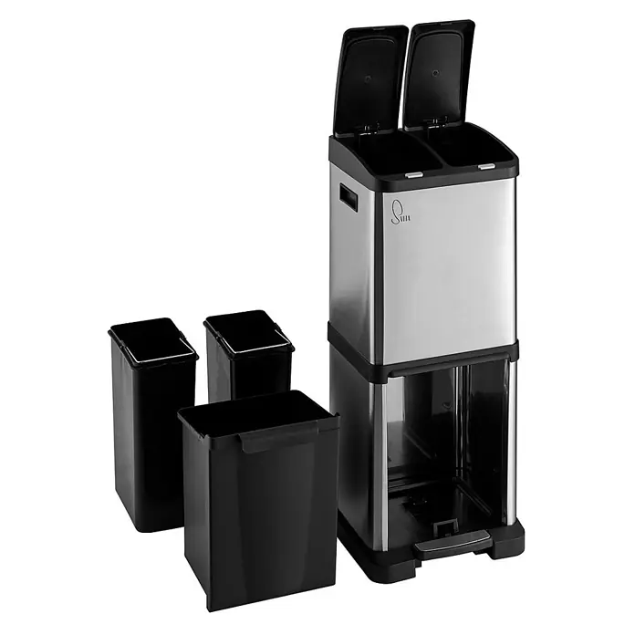 SVITA Standard-Mülleimer 3XCOMBO - 32 l, Edelstahl, Silber - Edelstahl-Mülltrennsystem mit schwarzen Innenbehältern. Verfügt über oben beladbare Fächer und eine per Pedal zu öffnende untere Schublade.