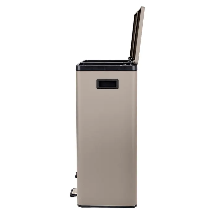 SVITA Mülleimer TMH2X30 60L Mülltrennsystem 2 Fächer 2x30L Softclose Taupe -  - Taupefarbener Doppeltretmülleimer mit offenem Deckel, schwarzem Griff und Leiste.