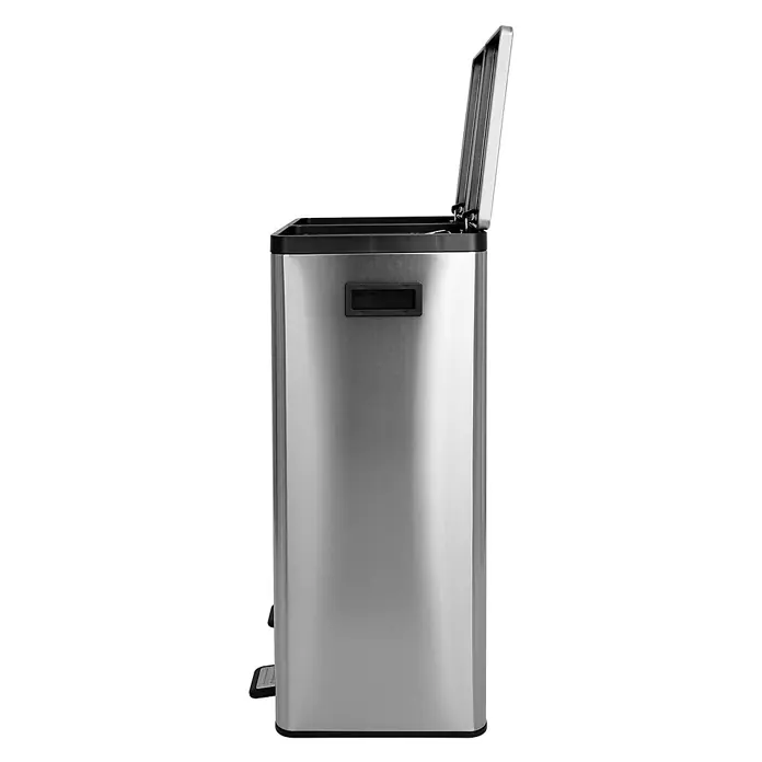 SVITA Standard Mülleimer TMH2X30 - 60 l, Edelstahl, Silber - Rechteckiger Mülleimer aus gebürstetem Edelstahl mit zwei Fächern und Fußpedalen, ein Deckel ist offen.