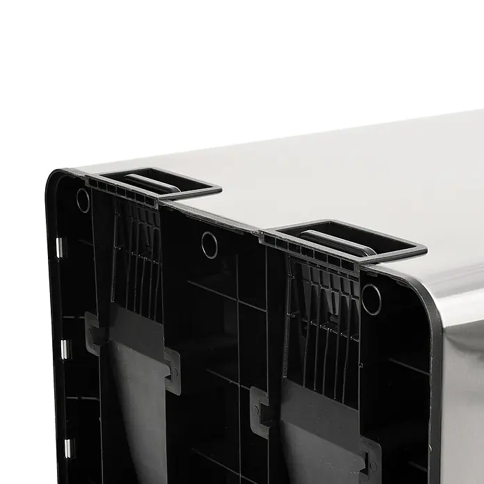 SVITA Standard Mülleimer TMH2X30 - 60 l, Edelstahl, Silber - Rechteckiger Behälter mit glänzender silberner Oberseite, schwarzem Kunststoffsockel, Innenstruktur und Griffen am oberen Rand.