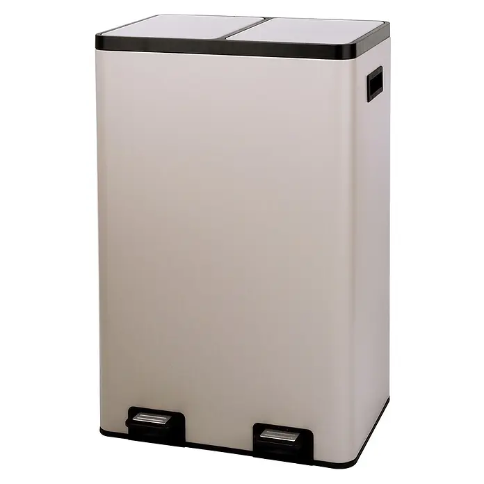 SVITA Mülleimer TMH2X30 60L Mülltrennsystem 2 Fächer 2x30L Softclose Taupe -  - Rechteckiger, hellgrauer Mülleimer mit zwei Fächern, schwarzen Deckeln und zwei Fußpedalen für berührungsfreies Öffnen.