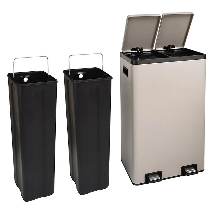 SVITA Mülleimer TMH2X30 60L Mülltrennsystem 2 Fächer 2x30L Softclose Taupe -  - Hellgrauer Abfalleimer mit zwei Fächern und Pedalen, daneben zwei schwarze Inneneimer für Mülltrennung.