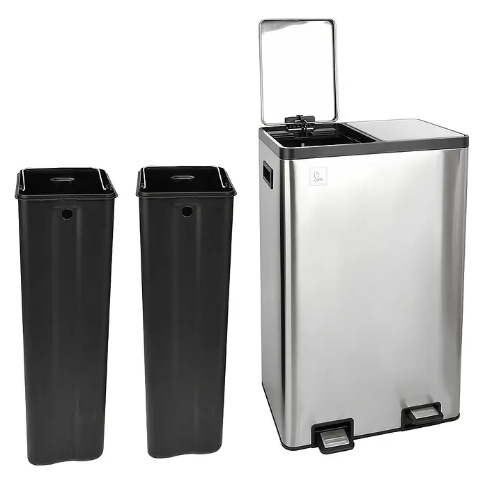 SVITA Standard Mülleimer TMH2X30 - 60 l, Edelstahl, Silber - Edelstahl Mülleimer mit zwei Fächern, Fußpedalen und zwei herausnehmbaren schwarzen Inneneimern zur Mülltrennung.