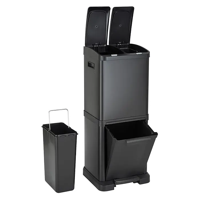 SVITA Standard-Mülleimer 3XCOMBO - 32 l, Stahl, Schwarz - Hohes schwarzes Mülltrennsystem mit mehreren Fächern und Fußpedal. Inklusive separatem schwarzen Innenbehälter.
