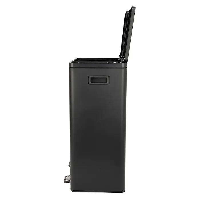 SVITA Standard Mülleimer TMH2X30 - 60 l, Stahl, Schwarz - Mattschwarzer rechteckiger Abfalleimer mit zwei Fächern, offenen Deckeln, zwei Fußpedalen und einem Seitenhandgriff.