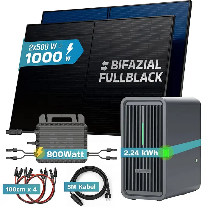 Sunniva Balkonkraftwerk-Set 1000 / 800 Watt mit Marstek 2.24 kWh Speicher - Nennleistung: 800 W, L x B x H: 1.910 x 1.134 x 30 mm - Solaranlage mit 2 schwarzen Bifazial-Modulen (1000W), 800W Wechselrichter, 2.24kWh Powerstation und Kabeln.