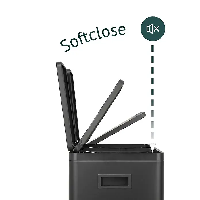 SVITA Standard Mülleimer TMH2X30 - 60 l, Stahl, Schwarz - Dunkelgrauer, rechteckiger Mülleimer mit Deckel in verschiedenen Schließphasen, zeigt leisen Soft-Close-Mechanismus.