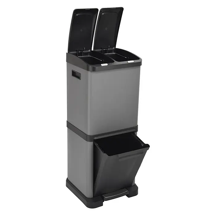 SVITA Standard Mülleimer 3XCOMBO - 32 l, Stahl, Grau - Gestapelter grau-schwarzer Recyclingbehälter mit drei Fächern; zwei obere Behälter mit Klappdeckeln, ein unterer per Pedal ausziehbarer Behälter.