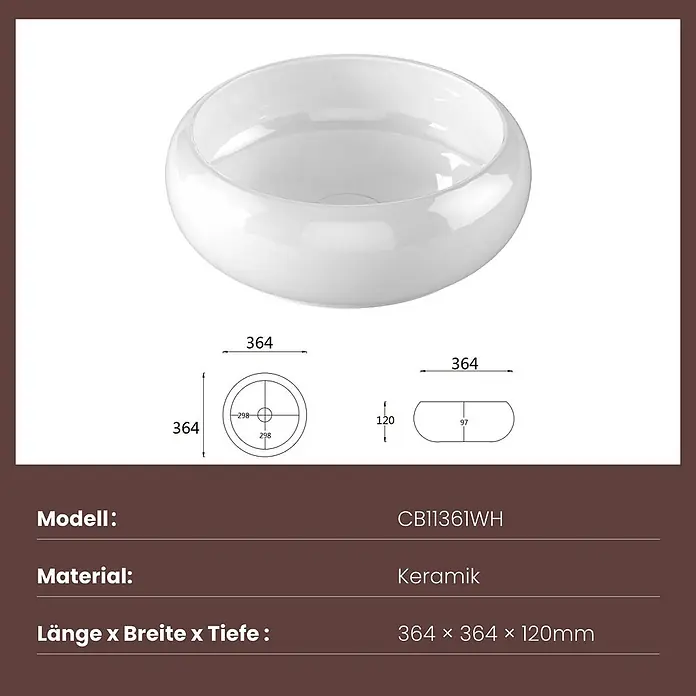 Emke Aufsatzwaschbecken CB11 - 364 x 364 mm, Hahnloch: Ohne, Ohne Überlauf, Weiß - Weißes Keramik-Aufsatzwaschbecken, rund, mit Maßen 364x364x120mm.
