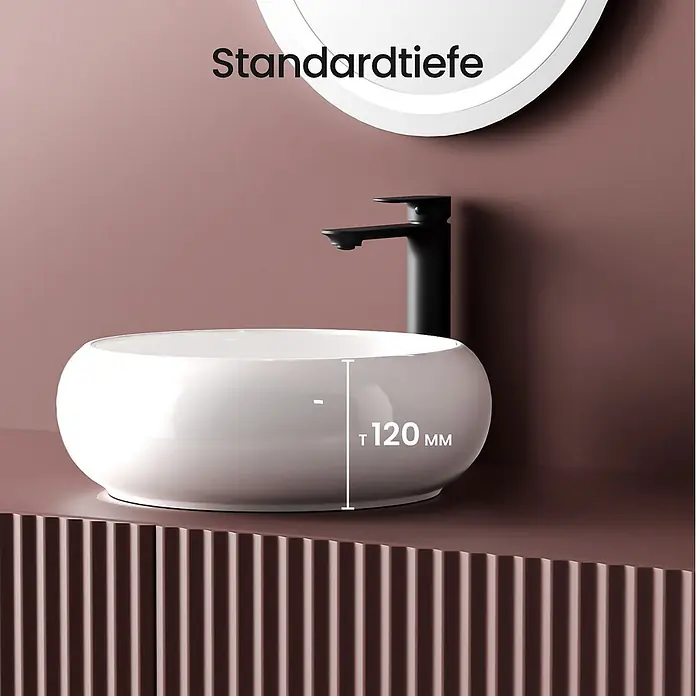 Emke Aufsatzwaschbecken CB11 - 364 x 364 mm, Hahnloch: Ohne, Ohne Überlauf, Weiß - Weißes, rundes Aufsatzwaschbecken mit schwarzem Wasserhahn im modernen Bad, Tiefe 120 mm.