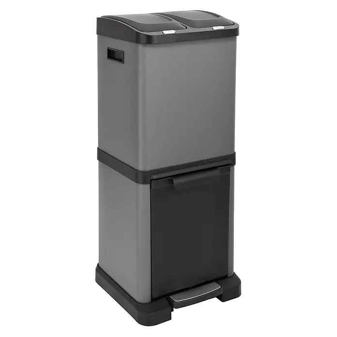 SVITA Standard Mülleimer 3XCOMBO - 32 l, Stahl, Grau - Gestapelter grau-schwarzer Mülleimer mit zwei Fächern, Druckknopfdeckeln und einem Fußpedal für die untere Schublade.