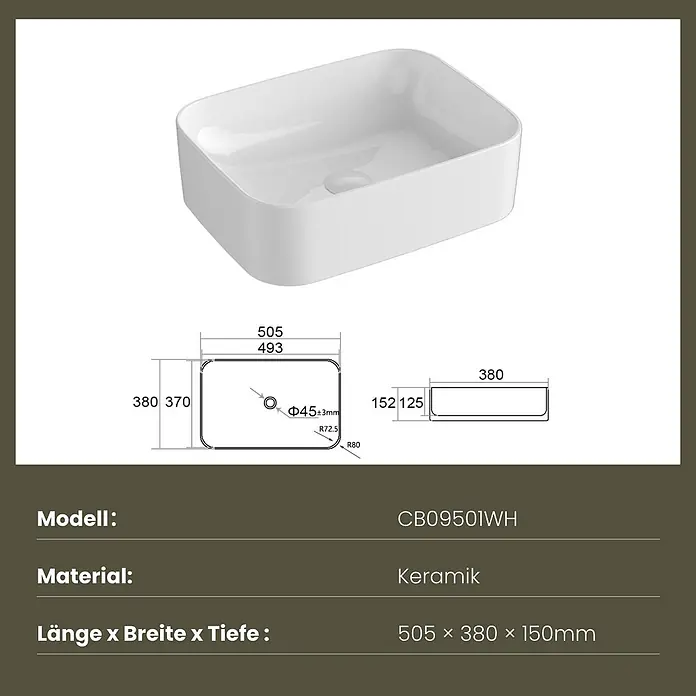 Emke Aufsatzwaschbecken CB09 - 505 x 380 mm, Hahnloch: Ohne, Ohne Überlauf, Weiß - Weißes rechteckiges Keramik-Waschbecken mit abgerundeten Ecken, technische Zeichnungen inklusive.