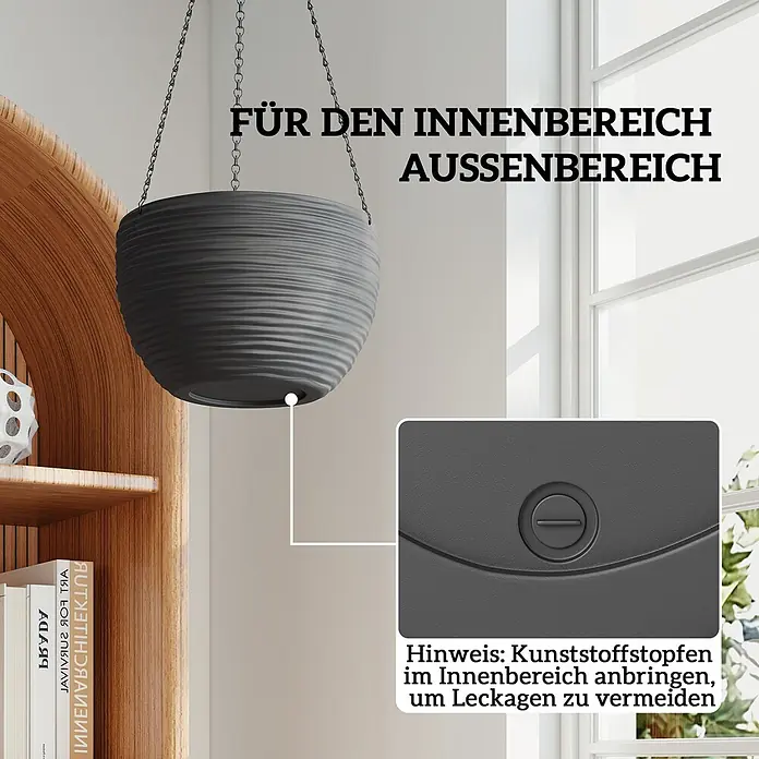 Outsunny Blumenampel - Außenmaß (Ø x H): 28 x 15 cm, Kunststoff, Schwarz - Ein dunkelgrauer, texturierter Hängepflanztopf mit herausnehmbarem Ablassstopfen, für Innen- und Außenbereiche geeignet.