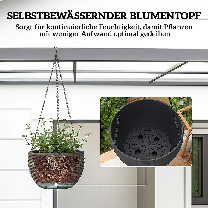 Outsunny Blumenampel - Außenmaß (Ø x H): 28 x 15 cm, Kunststoff, Schwarz - Selbstbewässernder Hängeblumentopf aus dunkelgrauem Kunststoff, mit sichtbaren Wurzeln und Innenleben, an einer Kette hängend.