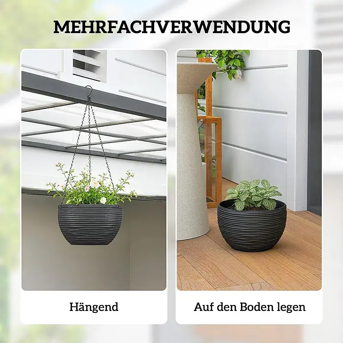 Outsunny Blumenampel - Außenmaß (Ø x H): 28 x 15 cm, Kunststoff, Schwarz - Dunkelgrauer, strukturierter Pflanzkübel, hängend mit Blumen und stehend mit einer Pflanze gezeigt, vielseitig einsetzbar.