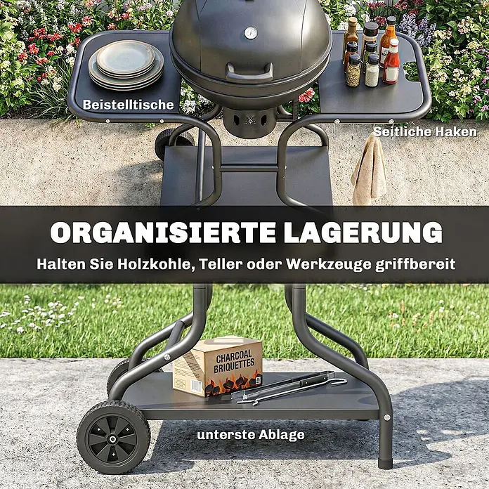 Outsunny Kugelgrill - Durchmesser Grillfläche: 54 cm, Schwarz - Dunkelgrauer Holzkohlegrill auf Rollwagen mit Beistelltischen, Haken und unterer Ablage für organisierte Aufbewahrung.