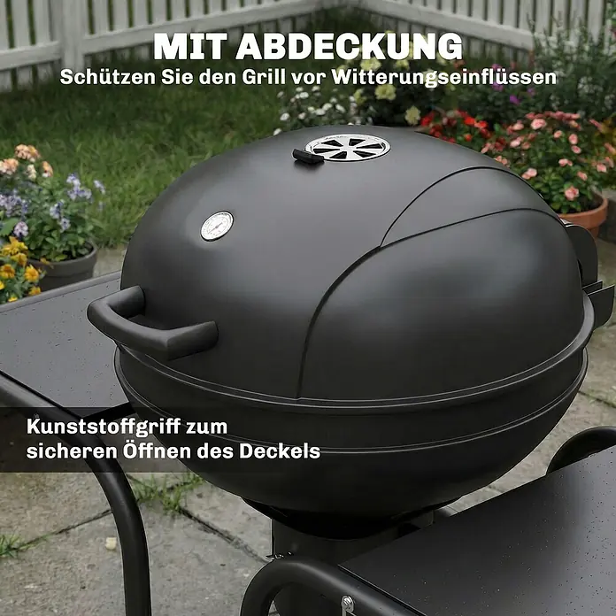 Outsunny Kugelgrill - Durchmesser Grillfläche: 54 cm, Schwarz - Schwarzer Holzkohlegrill mit Deckel, Thermometer und Kunststoffgriff für sicheres Öffnen, schützt vor Witterung.