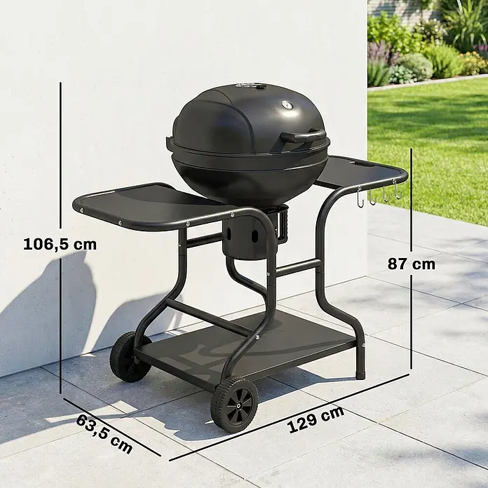 Outsunny Kugelgrill - Durchmesser Grillfläche: 54 cm, Schwarz - Mobiler schwarzer Kohlegrill mit Seiten- und Ablageflächen auf einer Terrasse. Maße: 106,5 cm H x 129 cm B x 63,5 cm T.