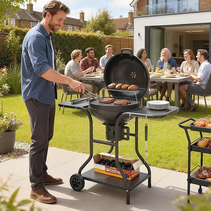 Outsunny Kugelgrill - Durchmesser Grillfläche: 54 cm, Schwarz - Schwarzer Holzkohlegrill mit Seitenablagen, brät Steaks und Kartoffeln, genutzt bei Grillfest mit Freunden im Garten. Passender Servierwagen hält Gerichte.
