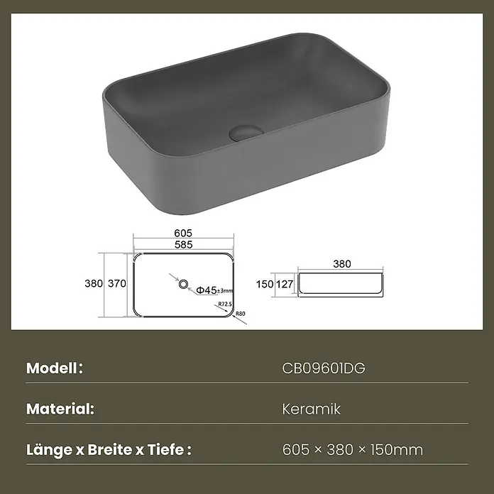 Emke Aufsatzwaschbecken CB09 - 605 x 380 mm, Hahnloch: Ohne, Ohne Überlauf, Dunkelgrau matt - Dunkelgraues rechteckiges Keramikwaschbecken mit abgerundeten Ecken.