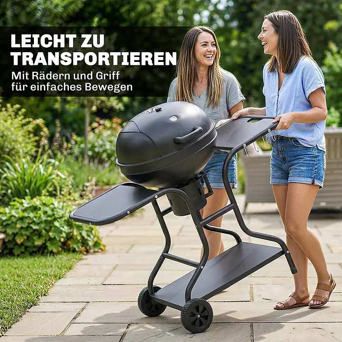 Outsunny Kugelgrill - Durchmesser Grillfläche: 54 cm, Schwarz - Schwarzer Kugelgrill auf einem Rollwagen mit Griff, der von zwei Personen leicht im Garten bewegt wird.