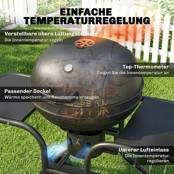 Outsunny Kugelgrill - Durchmesser Grillfläche: 54 cm, Schwarz - Schwarzer Kugelgrill mit verstellbaren Lüftungsöffnungen und Thermometer zur präzisen Temperaturregelung.