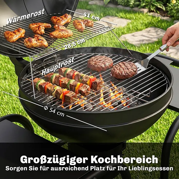Outsunny Kugelgrill - Durchmesser Grillfläche: 54 cm, Schwarz - Schwarzer Kugelgrill mit Hauptrost (54 cm Ø) und Warmhalterost (41x28,5 cm) beim Grillen, bietet großzügigen Kochbereich für vielfältige Gerichte.
