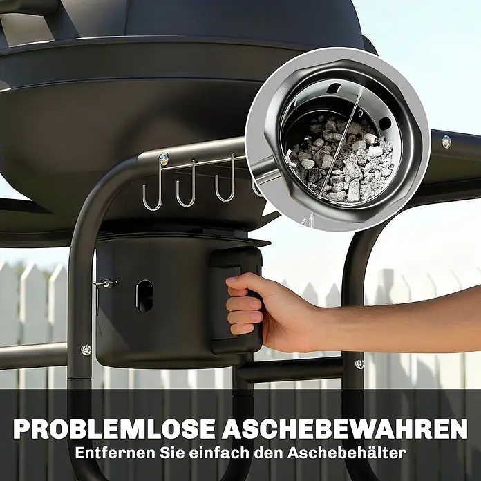Outsunny Kugelgrill - Durchmesser Grillfläche: 54 cm, Schwarz - Hand entfernt schwarzen Aschebehälter vom Grill. Einsatz zeigt Behälter mit Asche.