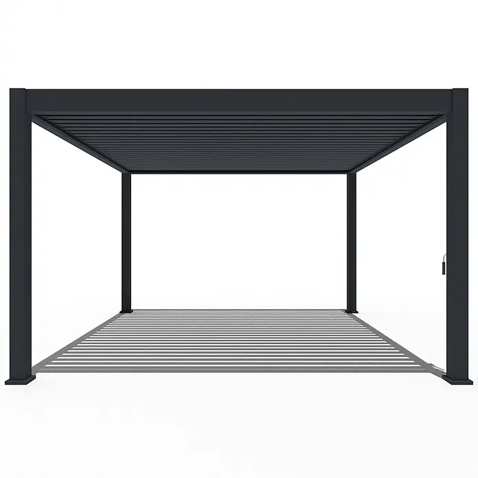 Weide Pergola Deluxe Plus freistehend Aluminium 4 x 4 m Anthrazit - B x T: 400 x 400 cm, Farbe Gestell: Sandpapier FinishAnthrazit / RAL Farbcode 7024, Aluminium - Dunkelgraue Metallpergola mit Lamellendach, die einen gestreiften Schatten wirft.