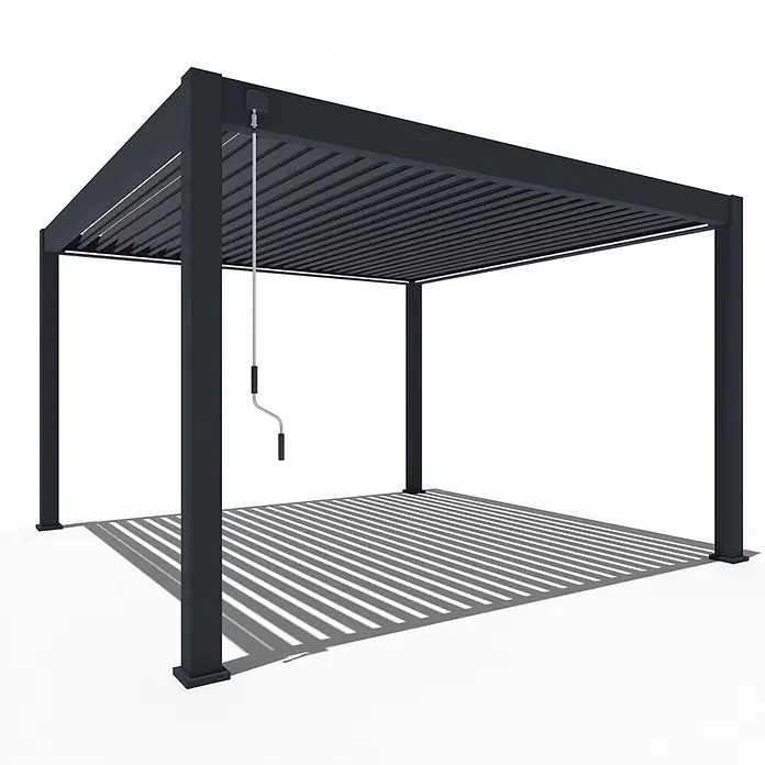 Weide Pergola Deluxe Plus freistehend Aluminium 4 x 4 m Anthrazit - B x T: 400 x 400 cm, Farbe Gestell: Sandpapier FinishAnthrazit / RAL Farbcode 7024, Aluminium - Dunkelgraue Metallpergola mit verstellbaren Lamellendach und Handkurbel zur Bedienung. Bietet flexiblen Sonnenschutz.