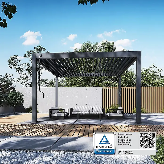 Weide Pergola Deluxe Plus freistehend 4 x 4 m Anthrazit Aluminium - B x T: 400 x 400 cm, Farbe Gestell: Sandpapier FinishAnthrazit / RAL Farbcode 7024, Aluminium - Dunkelgraue Pergola mit verstellbaren Lamellen spendet Schatten über einer modernen Terrassen-Sitzgruppe.