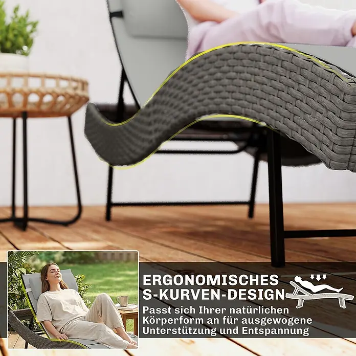 Outsunny Gartenliege - B x T: 61 x 198 cm, Hellgrau, Metall, Rückenlehne verstellbar - Graue Rattan-Sonnenliege mit ergonomischem S-Kurven-Design, auf der eine Person entspannt liegt, um die Körperunterstützung zu zeigen.