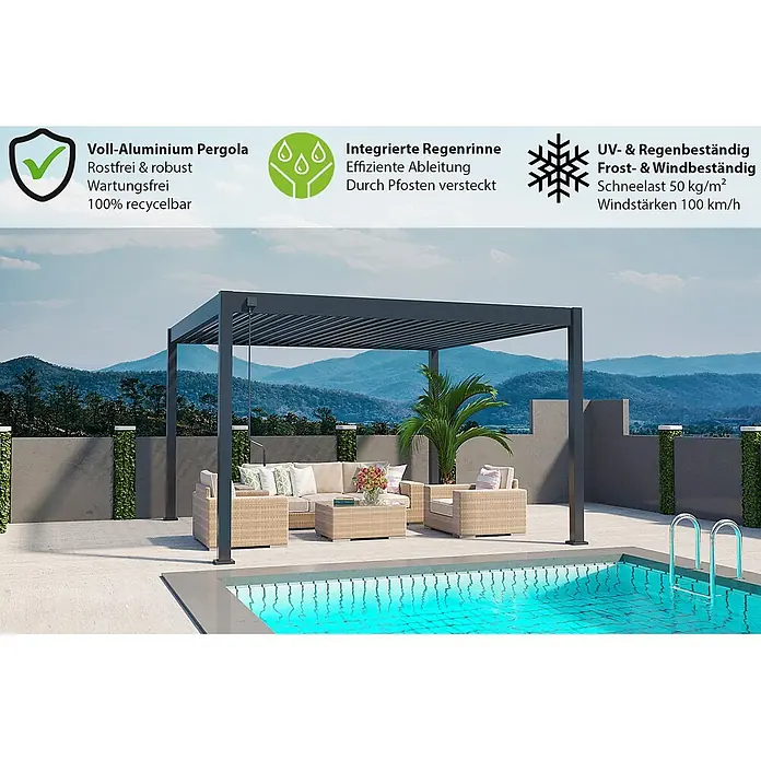 Weide Pergola Deluxe Plus freistehend Aluminium 4 x 4 m Anthrazit - B x T: 400 x 400 cm, Farbe Gestell: Sandpapier FinishAnthrazit / RAL Farbcode 7024, Aluminium - Eine dunkelgraue Aluminium-Pergola spendet Schatten über Outdoor-Möbeln neben einem Pool auf einer Terrasse mit Bergblick.