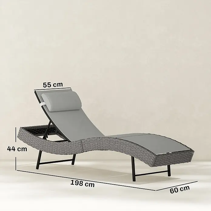 Outsunny Gartenliege - B x T: 61 x 198 cm, Hellgrau, Metall, Rückenlehne verstellbar - Graue Rattan-Gartenliege mit grauem Kissen und schwarzem Rahmen. Maße: 198 cm L, 60 cm B, 44 cm H.