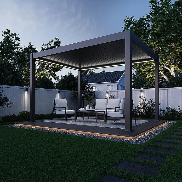 Weide Pergola E-Deluxe Plus Elektrisch freistehend Aluminium 3 x 4 m Anthrazit - B x T: 400 x 300 cm, Farbe Gestell: Sandpapier FinishAnthrazit / RAL Farbcode 7024, Aluminium - Moderne dunkelgraue Metall-Pergola mit integrierter LED-Beleuchtung, schafft einen stilvollen Wohnbereich im Freien auf einer Terrasse.