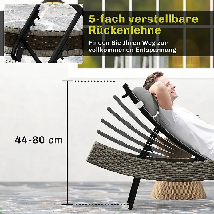 Outsunny Gartenliege - B x T: 61 x 198 cm, Hellgrau, Metall, Rückenlehne verstellbar - Verstellbare Sonnenliege in Rattan-Optik (braun/grau) mit 5-fach verstellbarer Rückenlehne und 44-80 cm Höhe, ein Mann entspannt darauf.