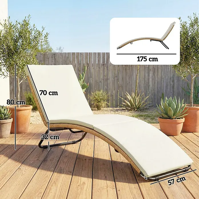 Outsunny Gartenliege - Cremeweiß, Stahl - Rattan-Sonnenliege mit cremefarbenem Kissen, im Freien mit Maßen: 175 cm Länge, 57 cm Breite.