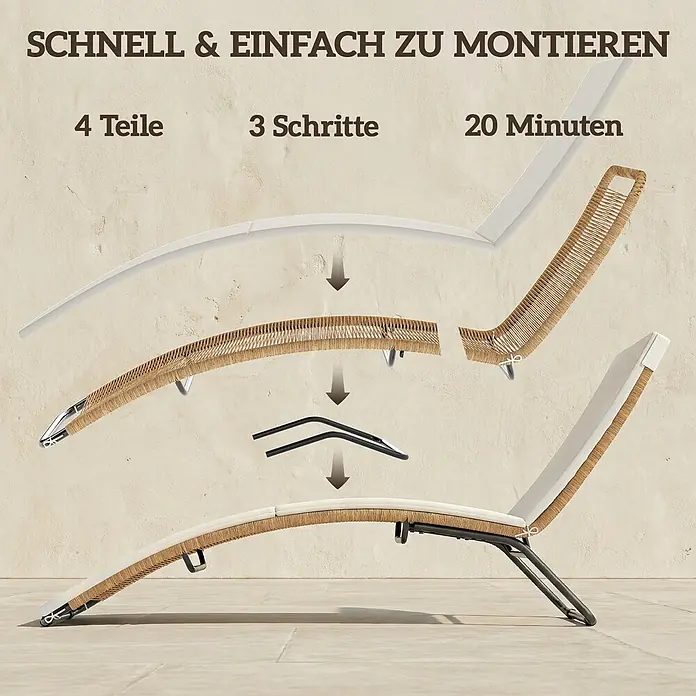 Outsunny Gartenliege - Cremeweiß, Stahl - Einfache Montage einer Outdoor-Liege: 4 Teile, 3 Schritte, 20 Minuten. Beige Rattan-Liege mit weißem Kissen und schwarzem Gestell.