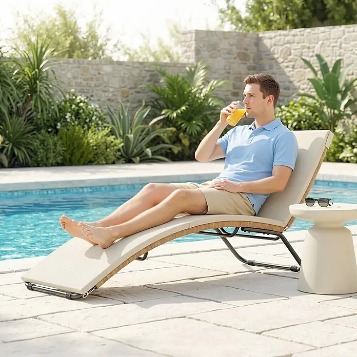 Outsunny Gartenliege - Cremeweiß, Stahl - Beige Outdoor-Liege und cremefarbener Beistelltisch am Pool. Ein Mann entspannt auf der Liege und trinkt, Sonnenbrille auf dem Tisch.