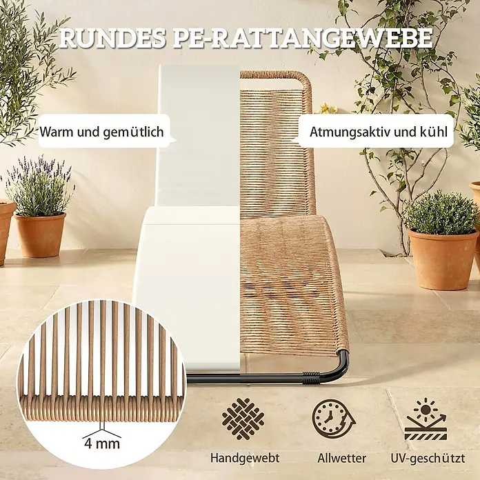 Outsunny Gartenliege - Cremeweiß, Stahl - Gartensessel aus 4mm rundem PE-Rattangeflecht, teils mit weißem Kissen. Handgewebt, wetterfest, UV-geschützt.