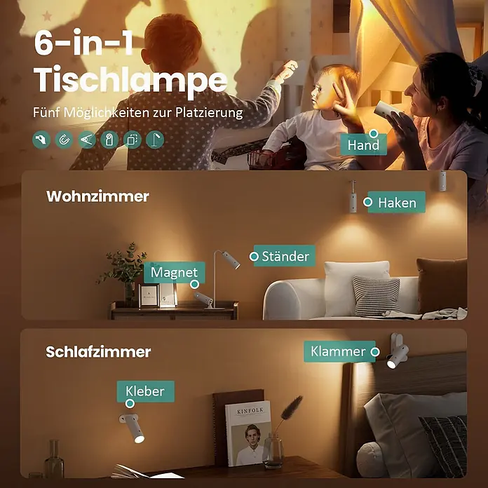Emke LED-Tischleuchte -  - Vielseitige weiße 6-in-1-Lampe, in Wohnzimmer und Schlafzimmer gezeigt, wie sie per Hand, Ständer, Magnet, Haken, Klemme oder Kleber genutzt wird.